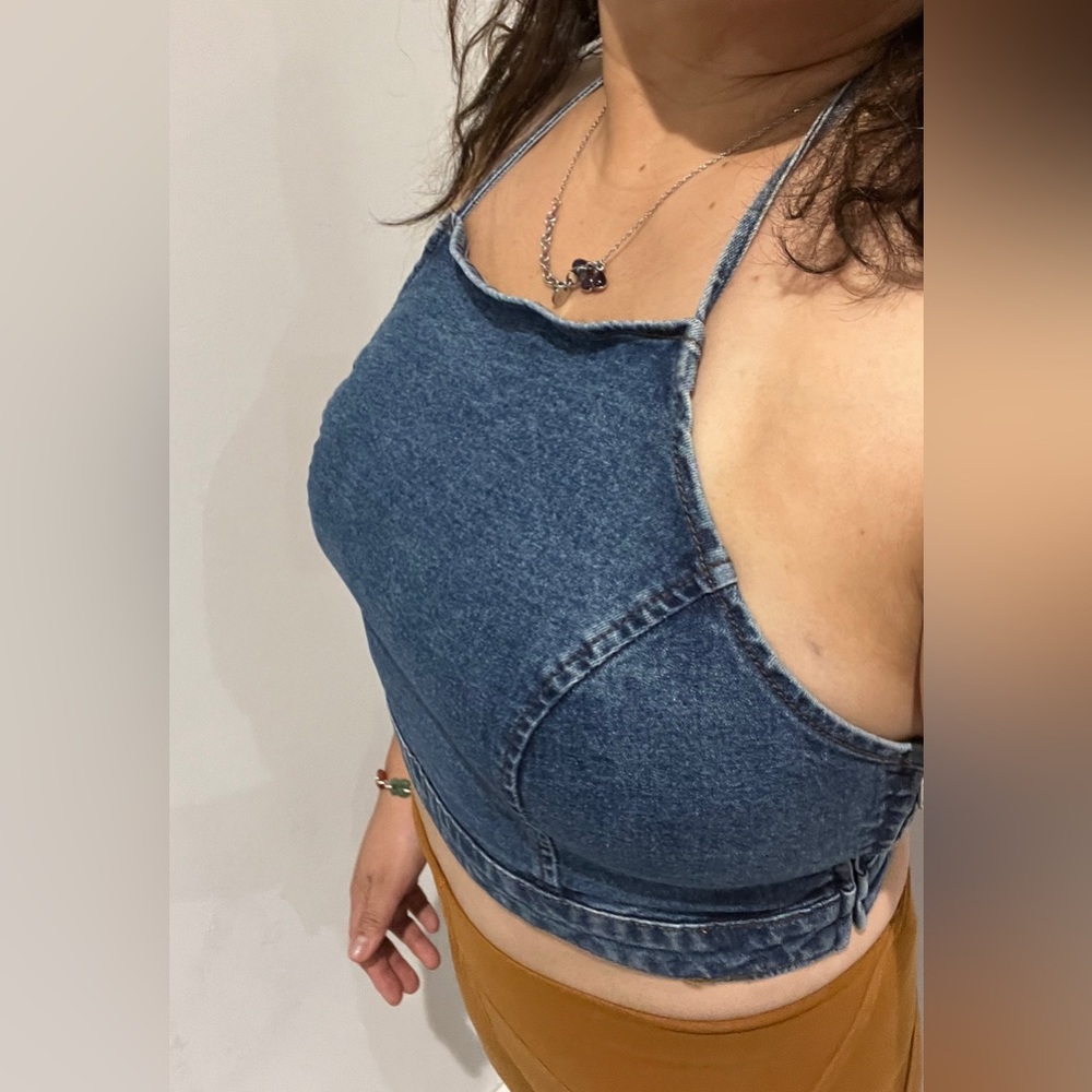 Halter Jean Crop Top Denim Bra Tie Up Swim Summer DIY Tube Tank Vintage Y2K Boho